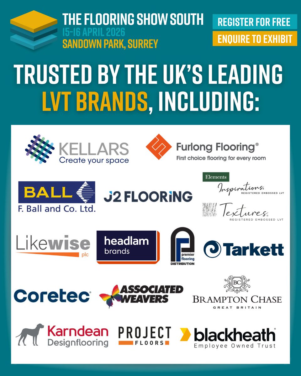 FlooringShow's tweet photo. See the biggest names in LVT all under one roof at Sandown Park, Surrey, from established favourites to fresh new collections!

➡️ Register now for your free trade pass &amp; connect with these leading names this April: https://t.co/d3yYMLBOsc

#TheFlooringShowSouth #LVT https://t.co/r9Uep8OJH4