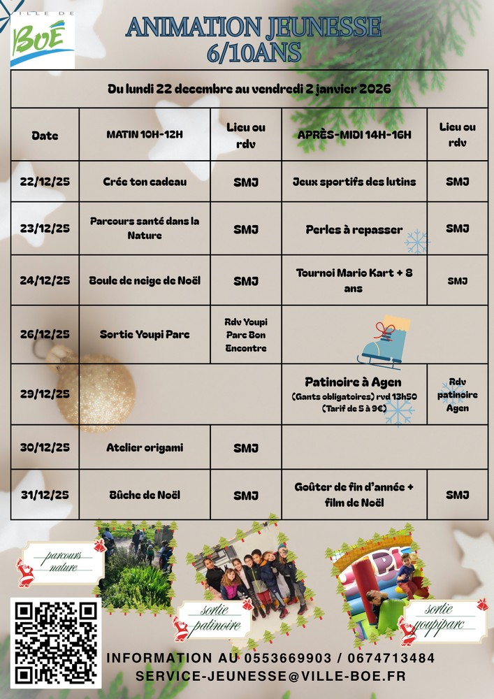 𝐏𝐥𝐚𝐧𝐧𝐢𝐧𝐠 𝐝𝐞𝐬 𝐚𝐜𝐭𝐢𝐯𝐢𝐭𝐞́𝐬 𝐣𝐞𝐮𝐧𝐞𝐬𝐬𝐞 - 𝐍𝐨𝐞̈𝐥 𝟐𝟎𝟐𝟓 ⛄

Le programme des activités jeunesse des vacances de Noël est en ligne.

Rendez-vous sur le portail famille afin de procéder aux inscriptions.

➡️ espace-citoyens.net/boe/espace-cit…