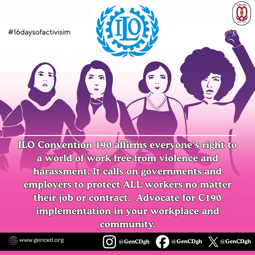 Violence and harassment have no place in any workplace. C190 is the global tool to protect all workers, yet Ghana has not ratified it.
Let’s raise our voices. Let’s demand action. Our safety cannot be delayed. #EndGBV #SafeWorkplaces #HumanRights #GenCED