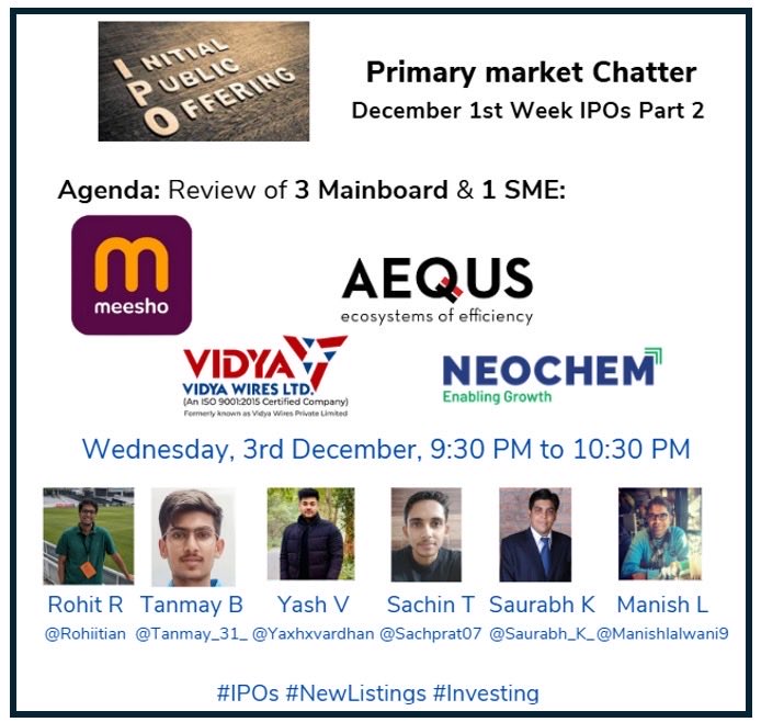 Sundayinvestin's tweet photo. IPO Opinions December 1st week Part 2 with @rohiitian, @Tanmay_31_, @Yaxhxvardhan, @sachprat07, @Saurabh_K_ &amp; @manishlalwani9 Wednesday night 9:30 PM.

We discuss 3 mainboard - #meeshoipo, #Aequs, #VidyaWires &amp; 1 sme - #neochem.

Space link in 1st comment. https://t.co/goBGm6YwVX