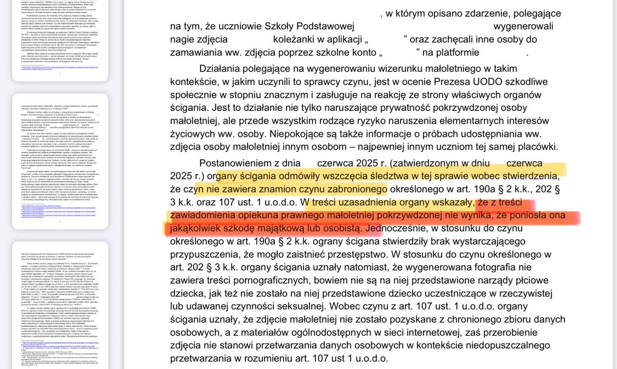 annawitten's tweet photo. CO JA CZYTAM 😳 Policja uznała, że koledzy ze szkoły mogli pobrać zdjęcie dziewczynki, przerobić je AI na naga fotkę, rozsyłać ją innym.

Wedlug policji z zawiadomienia opiekuna nie wynika, by poniosła szkodę, więc nie podjęto żadnych czynności. Wszystko gitówa.

To jest oficjalne pismo jakie poszło z @UODOgov_pl do prokuratury⬇️

@ciesiolkiewicz @moanrosa / pierwsza napisała @m_b_lewkowicz