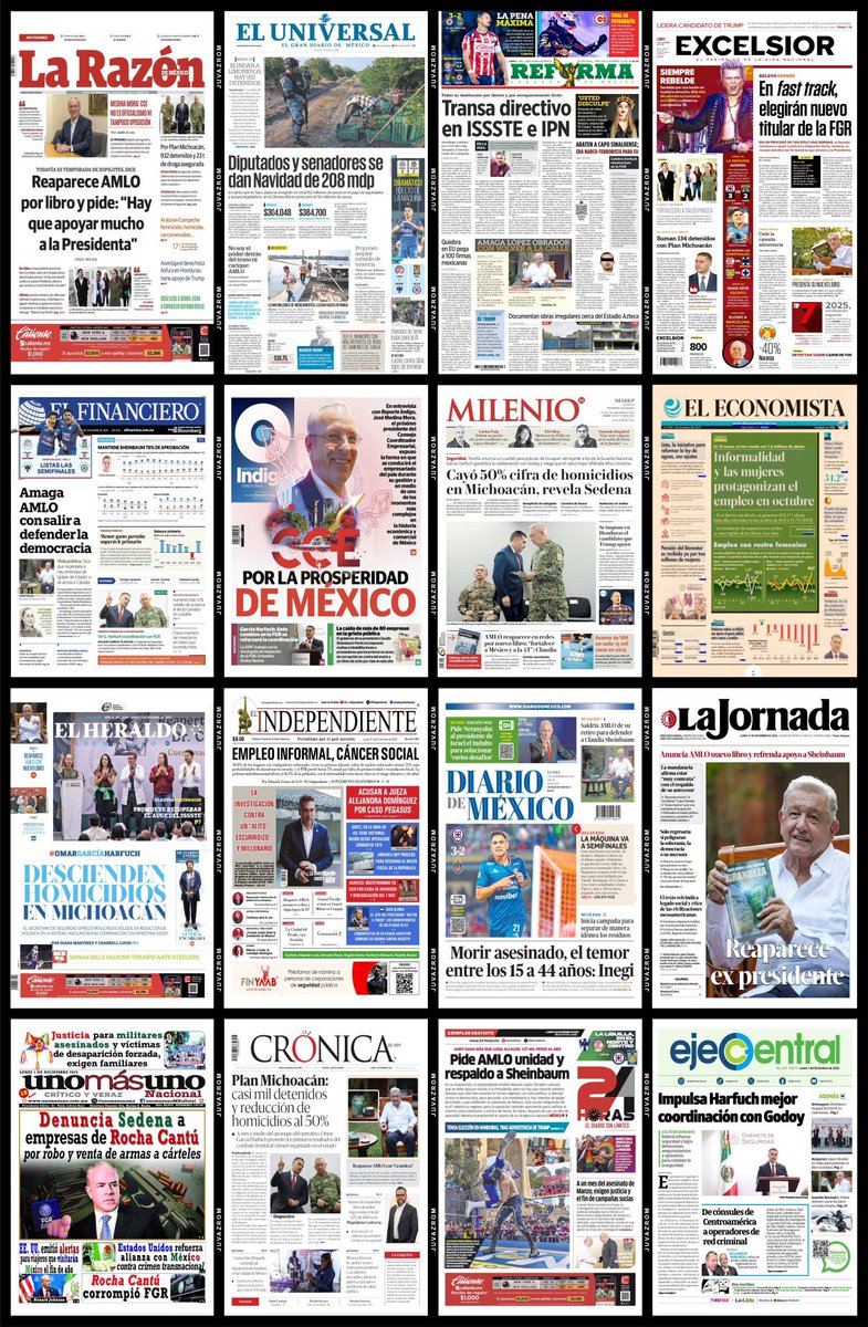 mexnewz's tweet photo. #PrimerasPlanas 📰
de los diarios impresos del País #FelizLunesATodos #1dicembre2025                                   
@dreyesmty @MalenaRA 
@ReporteroUrban  @LoQuePasaEnNL 
@QuePasaEnSN  @ComunidadMTY @raytep #Noticias #Monterrey #NuevoLeón #News #Mexico #CDMX @cpabogadossc https://t.co/uni2AWr9Tq