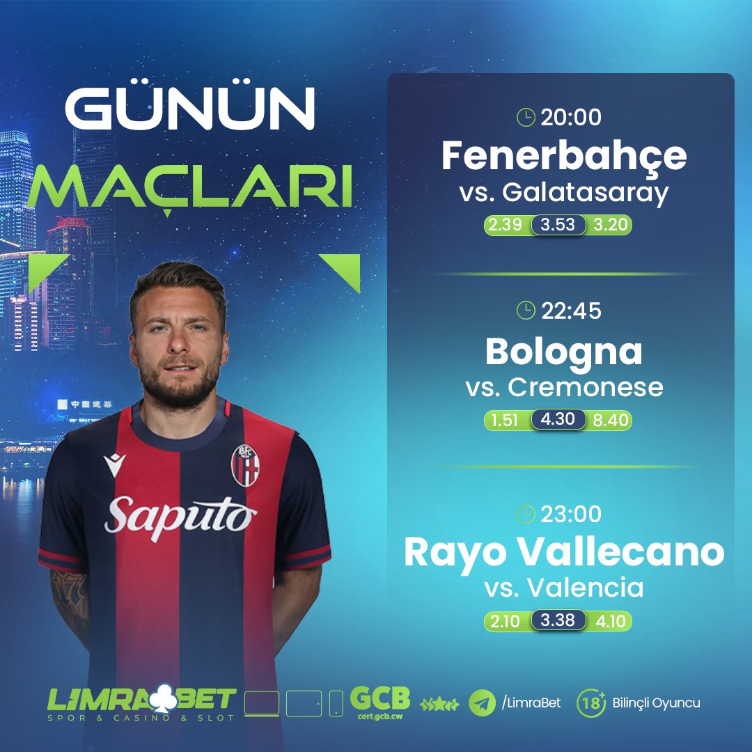 limraresmi's tweet photo. 💵Günün Öne Çıkan Karşılaşmaları #Limrabet'te! 

➡️ Fenerbahçe 🆚 Galatasaray
➡️ Bologna 🆚 Cremonese
➡️ Roya Vallecano 🆚 Valencia

0️⃣ Uluslararası Lisansıyla, Güvenilir, Hızlı ve Kaliteli Hizmet İsteyenlerin Adresi

📱 Güncel giriş (https://t.co/KtoibtLyQE) https://t.co/mEezNKAk2N