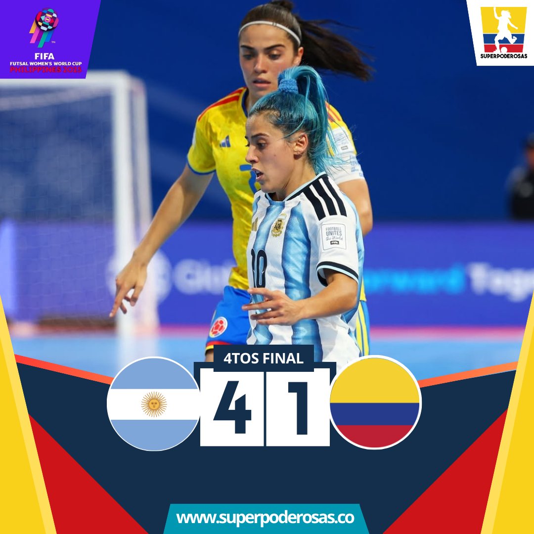 _superpoderosas's tweet image. 🙏 ¡A LEVANTAR CABEZA Y SEGUIR! 🙏

Colombia 🇨🇴 cayó 4-1 ante Argentina 🇦🇷 y se despidió del Mundial Femenino de Futsal 🇵🇭🏆🌎 en Cuartos de Final.

⚽️ Laura Bustos anotó el gol de la tricolor que luchó hasta el último momento en busca de la clasificación.

📸 COMMEBOL