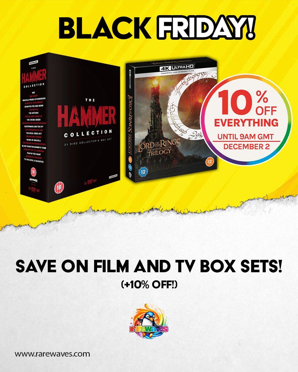 RarewavesCom's tweet image. BLACK FRIDAY 🖤 10% OFF EVERYTHING ‼️rarewaves.com/boxets-sale 👀

We love a good set of boxes, we do 😌

From HAMMERRRR 🔨 to Avatar, Star Trek, Lord of the Rings and MOOOARRR

Apply code RWBFCM10 at checkout 🤑

#Rarewaves🌈
#BlackFriday #BlackFridaySale #BoxSet 
#Discount #Sale