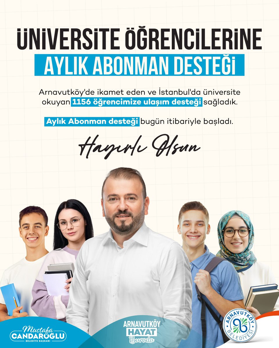 ArnavutkoyBel's tweet image. 🎓 Eğitim yolunda gençlerimizin yanındayız!

Arnavutköy’de ikamet eden ve İstanbul’da üniversite okuyan 1156 öğrencimize ulaşım desteğimizi sağladık.

📚 Aylık Abonman Desteği, bugün itibarıyla İstanbulKart’larına düzenli şekilde yüklenmeye başladı.