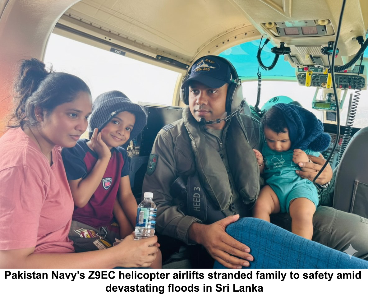 dgprPaknavy's tweet photo. Pakistan Navy’s HADR mission in Sri Lanka continued as PNS SAIF’s embarked Z-9 helicopter rescued a family stranded for five days in flooded Kotikawatta area, including a 7 month old infant. The operation reflects PN’s professionalism and commitment to global humanitarian duties https://t.co/nGDQKCAq8l