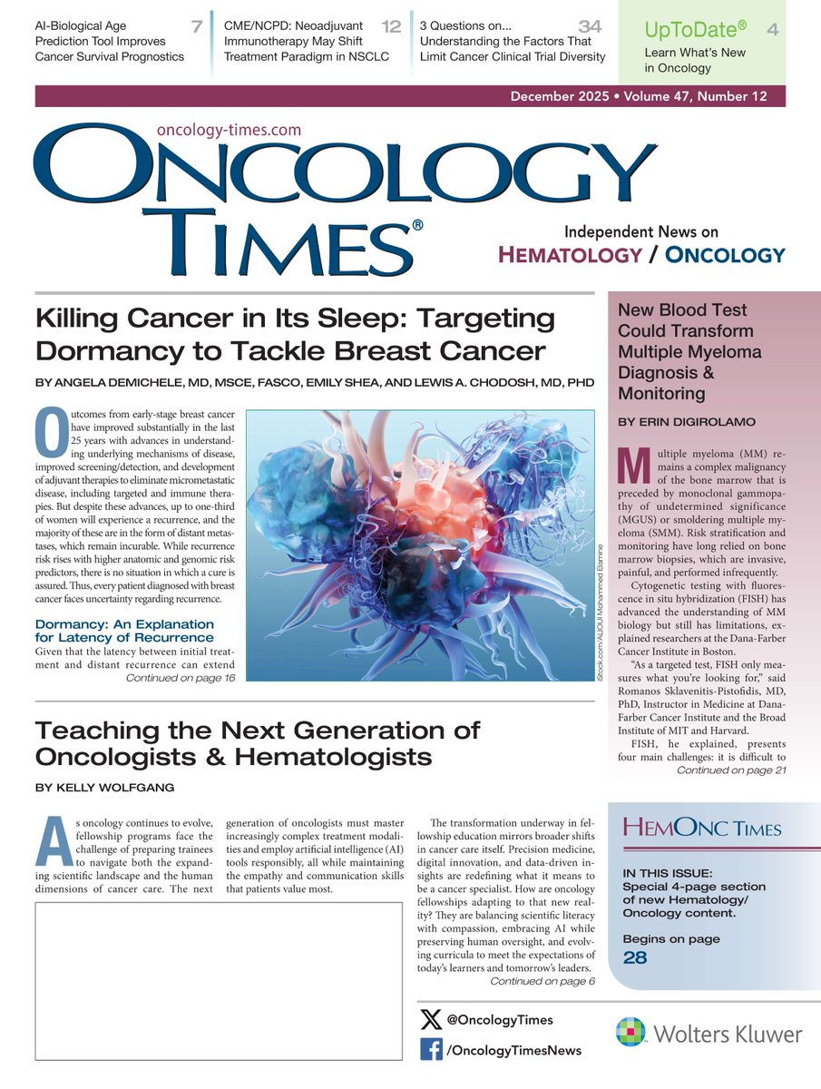 OncologyTimes's tweet photo. The December issue is out now! It features Killing #Cancer in Its Sleep, Teaching the Next Generation of #Oncologists &amp; #Hematologists, Rates of #AppendixCancer Increasing in Younger Adults, and more. Read it here: https://t.co/ZiTsuEj7I4 https://t.co/F3yEPyBSOM