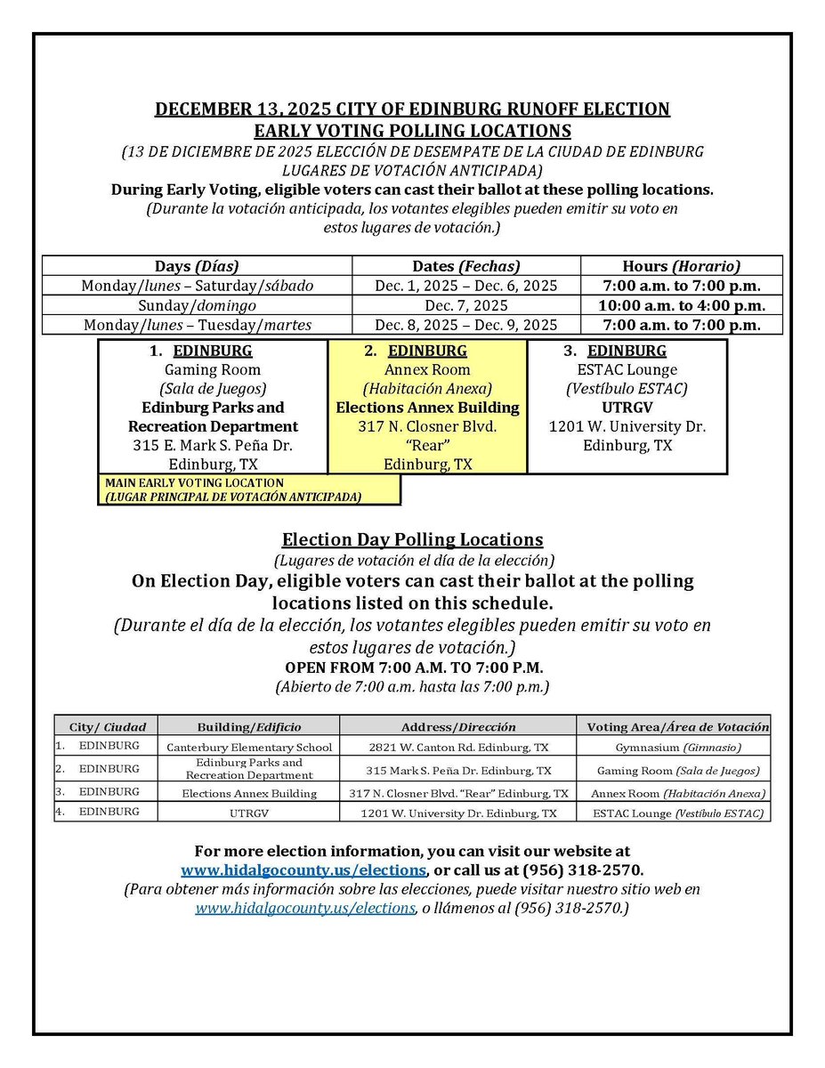 📢 Early Voting Starts Today, Monday, December 1, 2025 for the City of Edinburg Runoff Election!

⌛ Open from 7am to 7pm.

🖱️ For more information visit our website at: bit.ly/48gO05x