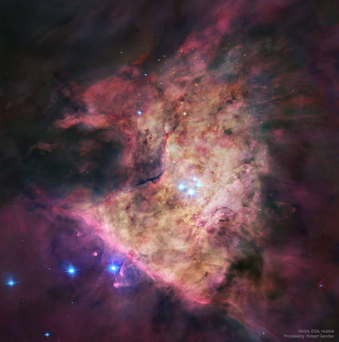 En el centro de la nebulosa de Orión está el Trapecio. Cuatro estrellas muy brillantes que se encuentran en una región de unos 3 años-luz. Su potente radiación es la que ilumina el entorno. Las estrellas se formaron hace unos 3 millones de años y, en aquel entonces, estaban