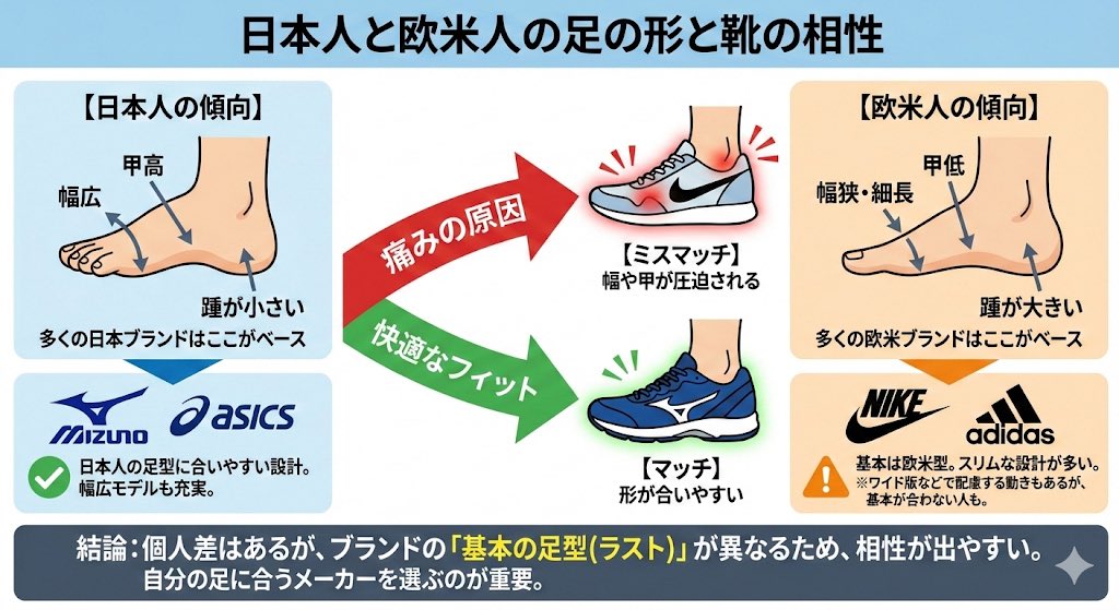Asunokampo's tweet photo. ずっとNIKEとかadidasの靴をカッコイイからと履いてきました。
なんかいつも合わない。前後に合わせると親指の付け根が痛い。左右に合わせるとブカブカ。

みんなこんなもんなのだろうと最近まで思ってましたが、試しにMizunoに変えてみるとピッタリ。

東洋人と西洋人で足の形がちがうんですね。
もう戻れない👠