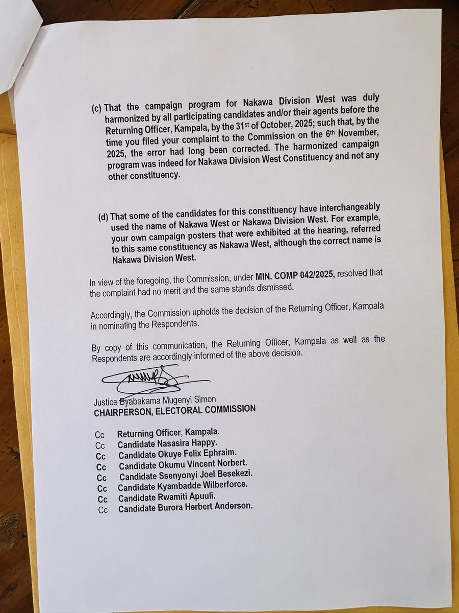 Country men and women. 

I have just received the decision of the electoral commission upholding the decision of the RO of nominating people who applied for NAKAWA WEST to NAKAWA DIVISION WEST.

I am humbled that EC recognises the proper gazetted constituency as NAKAWA DIVISION