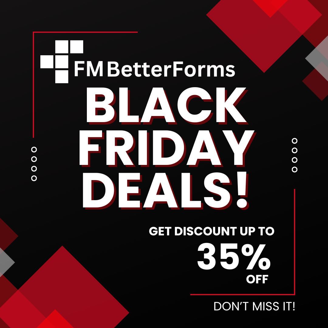 fmbetterforms's tweet image. Black Friday’s here — and we’re going big. 🖤
Up to 35% off + bonus consulting credits to help you build faster and smarter.
Licensing, bundles, UI glow-ups — all packed in.
Deals are live. Don’t miss it! 🚀
buff.ly/i6oH3oP 
#FMBetterForms #BlackFriday #FileMaker