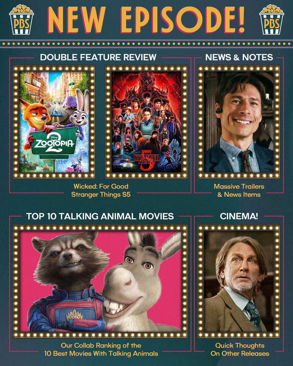 ProjBigScreen's tweet image. 🍿 NEW EPISODE 🍿

• Zootopia 2 Review
• Stranger Things S5 Review
• Knives Out 3 Reactions
• What We’re Watching
• The Top 10 Talking Animal Movies