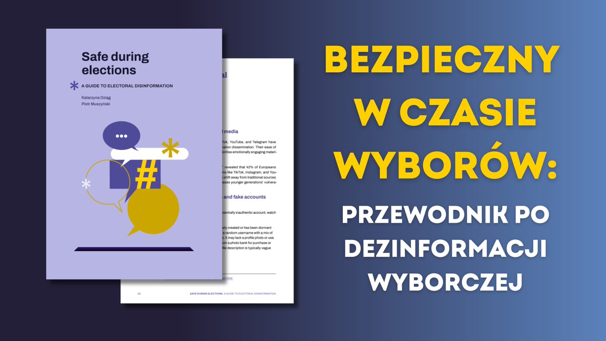 CedmoPoland's tweet photo. 🌀 Manipulacja informacją nie tylko zniekształca fakty – podważa fundamenty demokracji.

W okresach wyborczych stawka jest jeszcze wyższa. Fałszywe narracje i manipulacyjne taktyki mogą wpływać na decyzje wyborców i osłabiać zaufanie do instytucji demokratycznych.

Dlatego edukacja na temat dezinformacji wyborczej jest kluczowa. Zrozumienie, jak działa, jakie trendy obserwować i jak się chronić, to pierwszy krok do budowania odpornych społeczeństw.

Aby wesprzeć ten proces, zespół w @NASK_pl  przygotował praktyczne narzędzie w ramach projektu #CEDMO:
📘 Bezpieczny w czasie wyborów: Przewodnik po dezinformacji wyborczej

Przewodnik wyposaża wyborców w narzędzia, które pozwalają:
✅ Rozpoznać techniki i taktyki stosowane w dezinformacji wyborczej
✅ Zrozumieć główne trendy i rzeczywiste przykłady
✅ Stosować dobre praktyki ograniczające rozprzestrzenianie się fałszywych informacji
✅ Pewnie poruszać się w kampaniach wyborczych – zwłaszcza jeśli głosujesz po raz pierwszy

👉 Przeczytaj cały przewodnik poniżej i pobierz go bezpłatnie na naszej stronie: https://t.co/wUSIf2vWZO