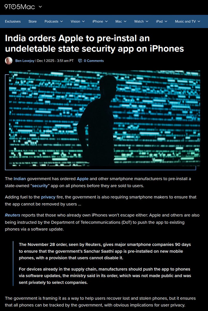 CR1337's tweet image. Privacy nightmare in the making:

India&apos;s 🇮🇳 DoT just ordered Apple to pre-install an undeletable &apos;state security app&apos; (Sanchar Saathi) on all new iPhones sold there, plus push it to existing ones via updates. 

Officially for tracking lost/stolen phones, but it&apos;s basically gov&apos;t…