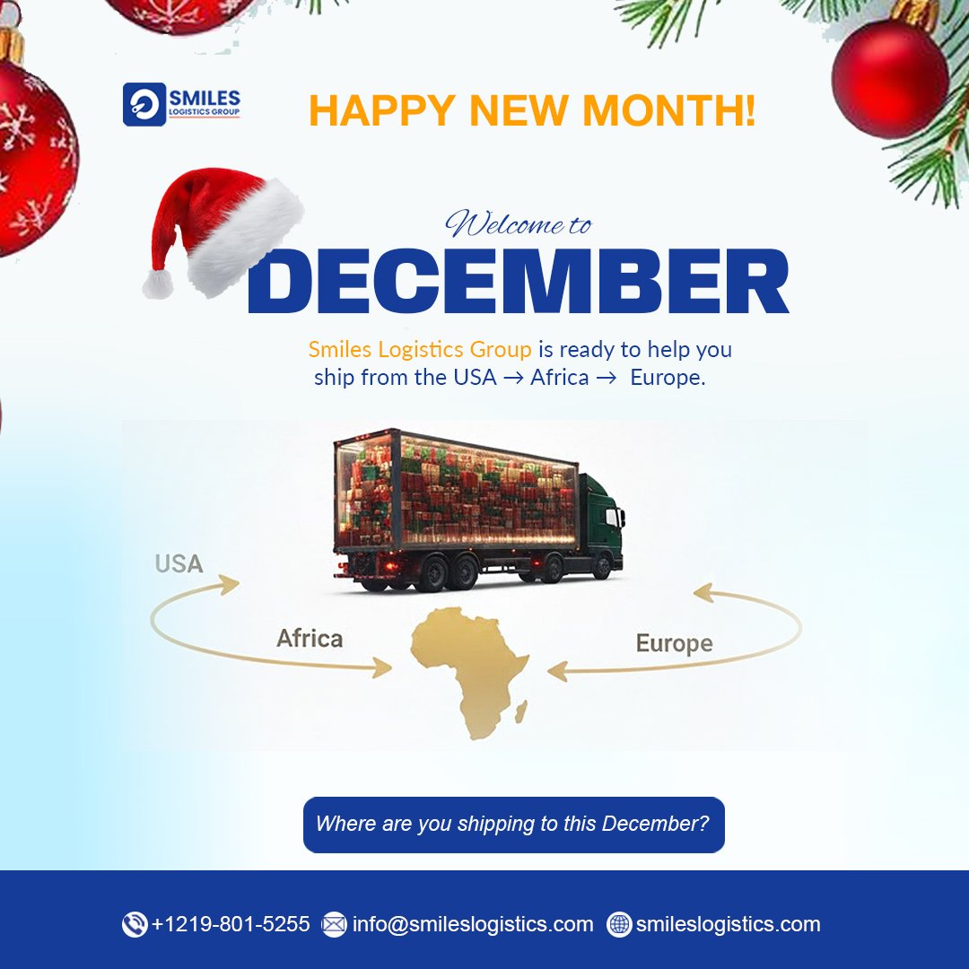 Smiles_LGS's tweet photo. #HappyNewMonth to all our clients.

Where are you shipping to this December? 
Tell us below!👇 

Here is to a joyful, productive, and successful month ahead.

#HappyNewMonth #December #SmilesLogistics https://t.co/0IJyAmryip