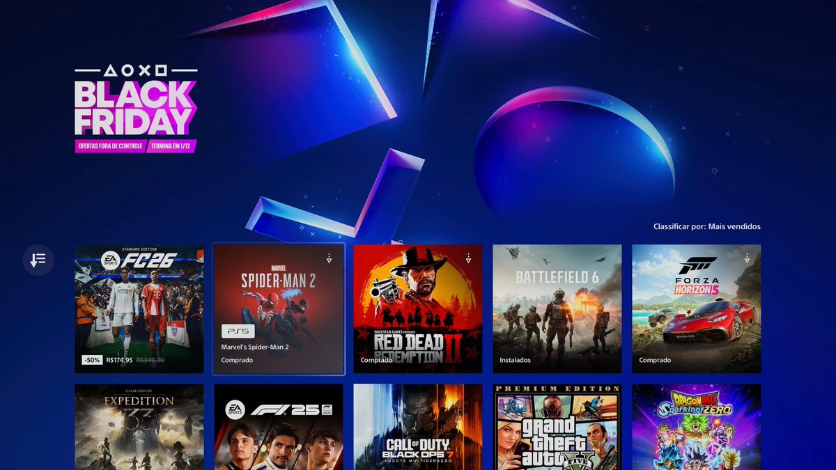 vitorpsarts's tweet image. 🚨OFICIAL: Confira os jogos mais vendidos nessa Black Friday na PlayStation Store brasileira!

- EA Sports FC26
- Marvel’s Spider-Man 2
- Red Dead Redemption 2
- Battlefield 6
- Forza Horizon 5
- Clair Obscur: Expedition 33
- F1 25
- Call of Duty: Black Ops 7
- GTA V
- DRAGON…