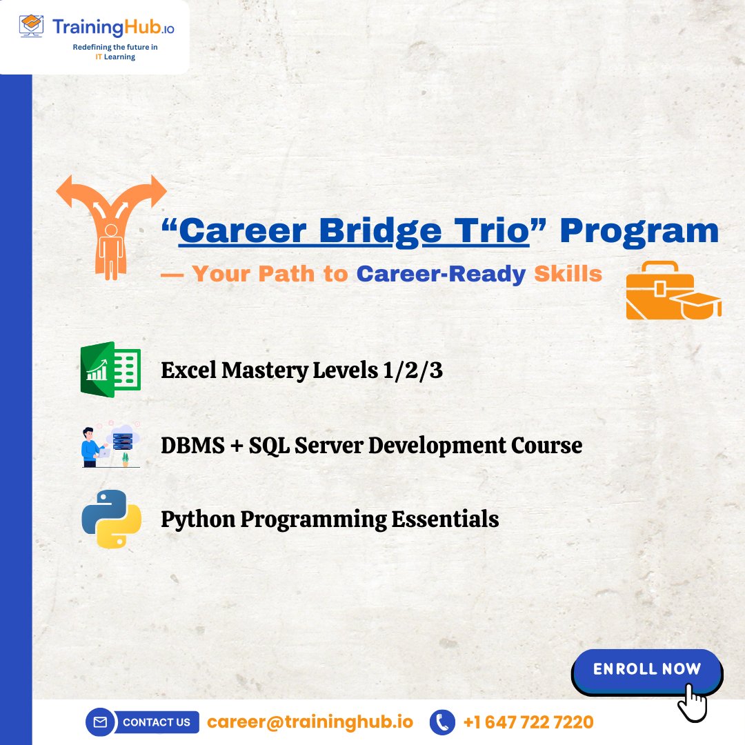TrainingHubCAN's tweet image. At TrainingHub, Our Career Bridge Trio Program is designed to give you the most in-demand technical skills employers are looking for.

Explore course here: zurl.co/rdfyd

#CareerBridgeTrio #CBT #Excel #SQLServer #Python #DataAnalytics #ITtrainingincanada #TrainingHub
