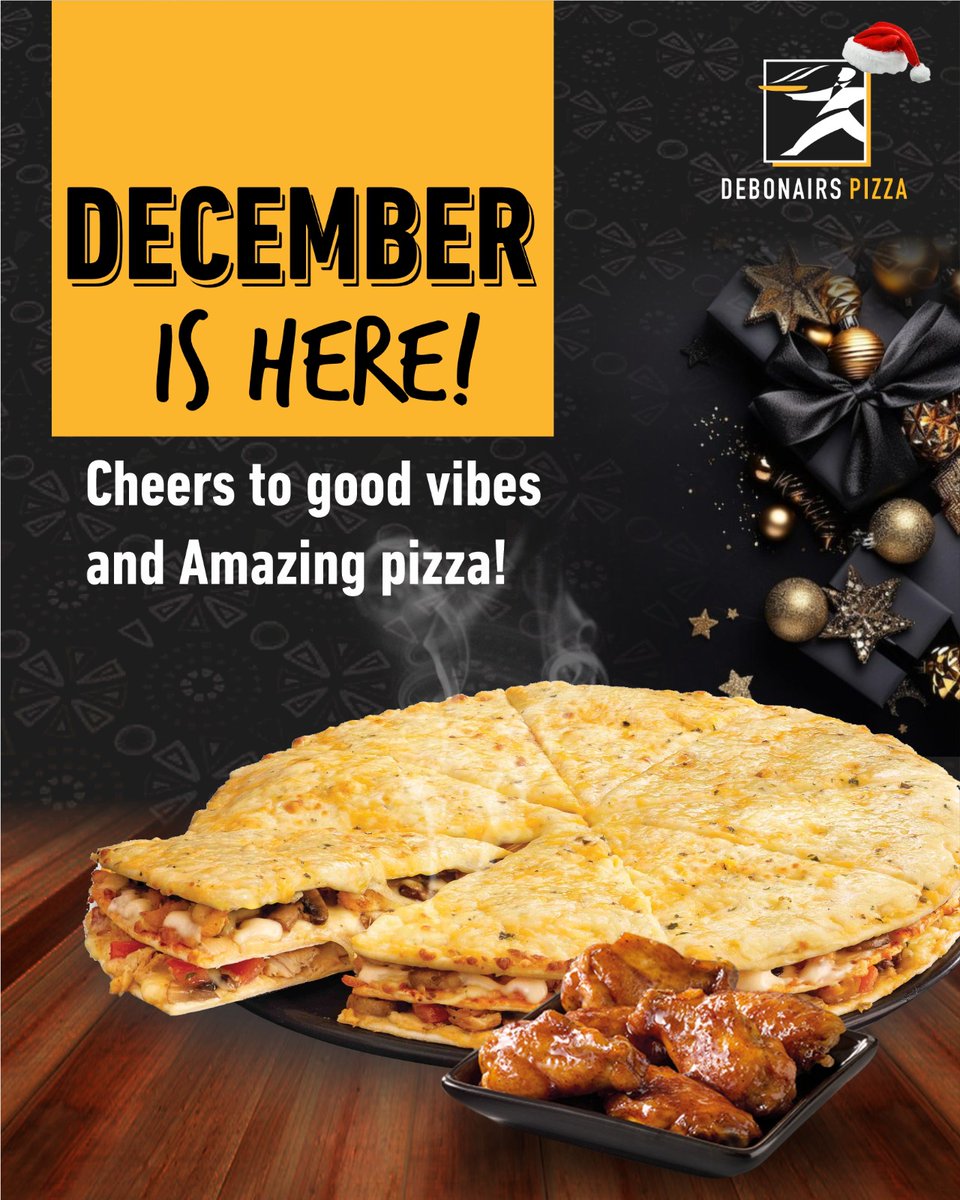 Debonairsng1's tweet photo. Hello December! 🎄✨
The month of joy, celebration, and extra pizza cravings.
Let’s wrap up the year with flavour, fun, and all your Debonairs favourites! 🍕❤️
#DebonairsPizza #HelloDecember #FestiveFlavours https://t.co/fwQgpAQ1Zi