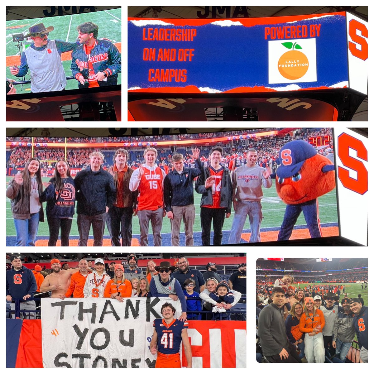 Lallyfoundation's tweet photo. Last home game of the season and we want to celebrate our students and fellow fans! 

This year we launched the Lally Leadership Award 🍊presenting students organizations with $5,000-$10,000 per home game toward their philanthropic community efforts. On Saturday we presented 2 $5k awards to Lambda Chi Alpha & Delta Sigma Pi (with Whitman School). In total this season we awarded over $35,000 to our student charities for their leadership efforts on and off campus. Thank you for all that you do for the Syracuse Community!

On Saturday in honor of MOvember we packed the Lally Zone with our guests from Associated Medical Professional Urology and Radiology Center in CNY. AMP is a center of excellence for Men’s health tackling the leading causes of disease and death for men in our community.  Thank you for offering excellent care for all the men in our lives ! 

This season the Lally Foundation funded “Ottos Lotto” in the 3rd Quarter giving out hundreds of gift certificates for students who came to the games and cheered their hearts out for our players and their fellow student athletes. 

Saturday we recognized one special fan section with the Lally Super Fan in the 4th 🍊 presenting a $1,000 gift certificate to the Orange Crate! Section 129 is at EVERY game bringing the energy supporting our players and our team (especially our Senior Athletes). This group of Orange faithful even brings their brand of excitement  to other sports creating a swell of support!  Thank you 129! @AllThingsSU @Cusewaterboy2 @_JackStonehouse @OrangeCrateBar @CuseFootball @CuseVB @Cuse @SUFalkCollege @WhitmanatSU