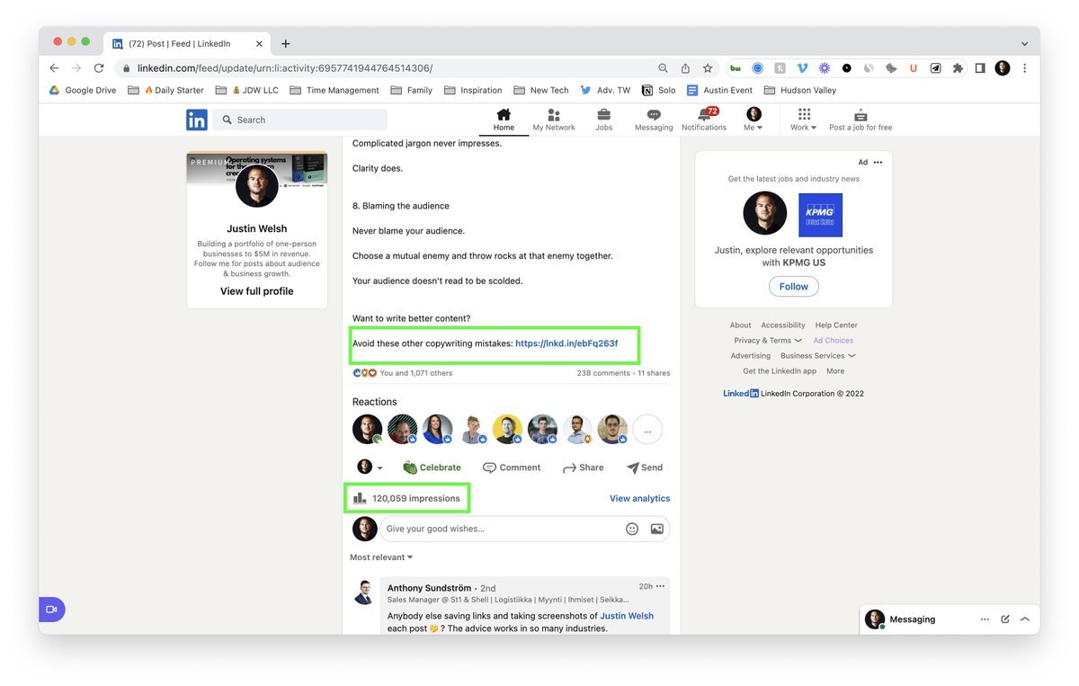 11. 웹사이트로 사람들을 유도하세요:
LinkedIn에서 링크를 만드는 방법에는 해결 방법이 있습니다.
긴 형식의 좋은 콘텐츠를 작성하고, 맨 아래에 링크를 추가하세요.
"미리보기" 이미지를 닫은 후 게