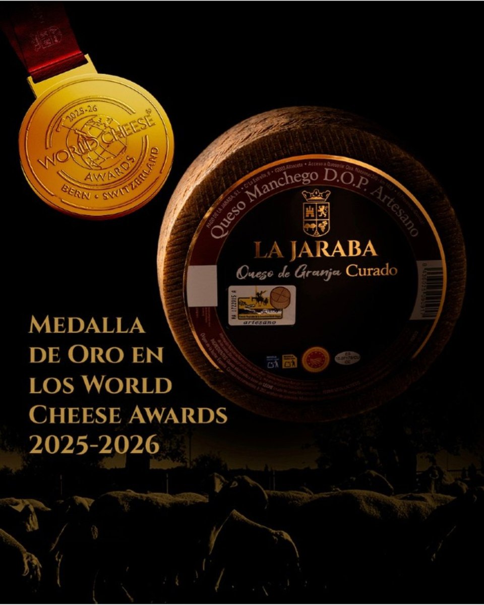✨ORO✨
Estrenamos semana y el mes más mágico del año bañados en oro gracias a nuestros socios de <a href="/Finca_La_Jaraba/">Pago de La Jaraba</a>

Su Queso DO Manchego Curado Artesano de Granja La Jaraba se ha llevado la Medalla de Oro en los World Cheese Awards 2025-2026 y eso hay que celebrarlo