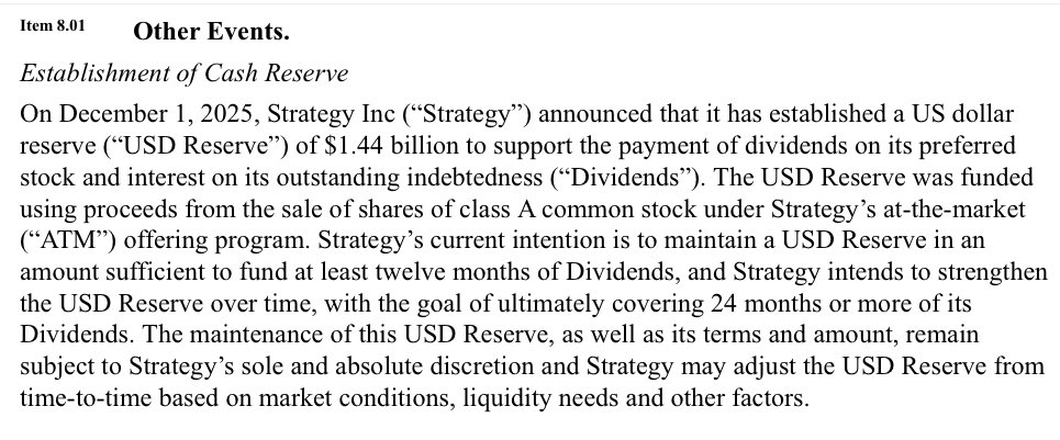 Strategy Inc 美元储备公告