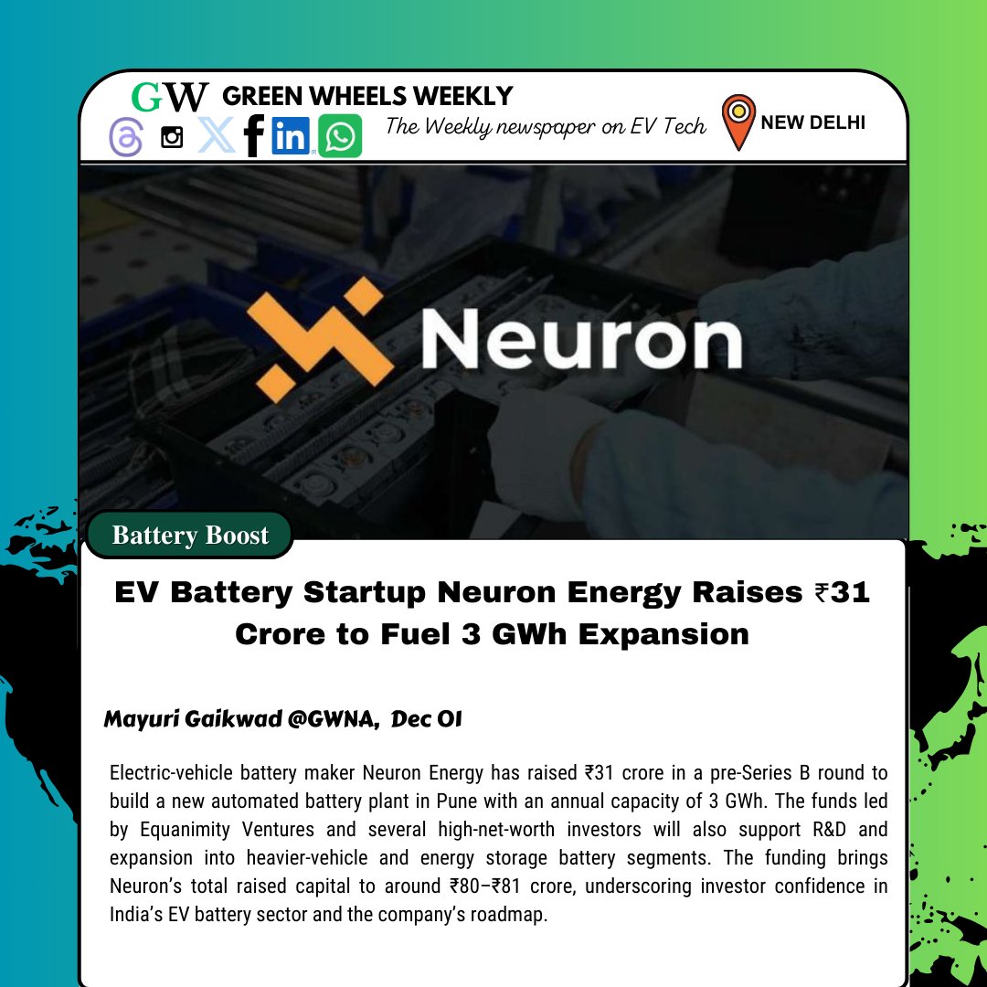 GreenWheels22's tweet image. Neuron Energy secured ₹31 crore to build a 3 GWh-capacity battery plant in Pune and scale production for EVs, buses and commercial vehicles.

#evbattery #evinfrastructure #evnews #evnewsindia #batterytechnology