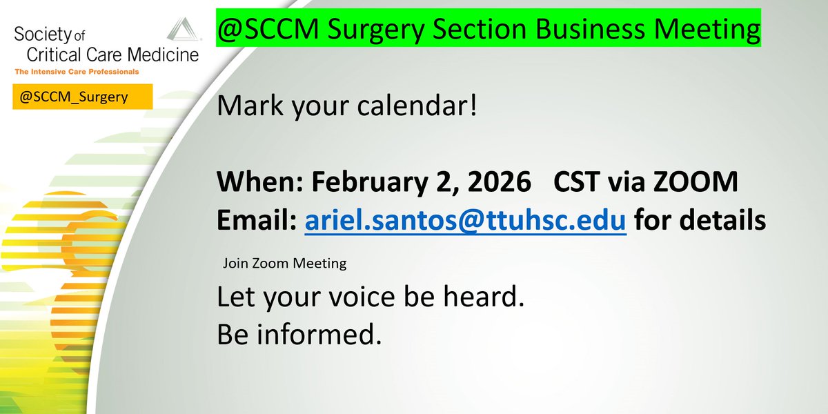 SCCM_Surgery's tweet image. Want to learn more about the surgery section of SCCM? Need a community within SCCM? Thinking about getting more involved?

Attend the virtual business meeting to learn more!!
 #virtualbusiness #learnmore

@traumamd1 @_TylerLoftus @neilsmd @RachelChoron