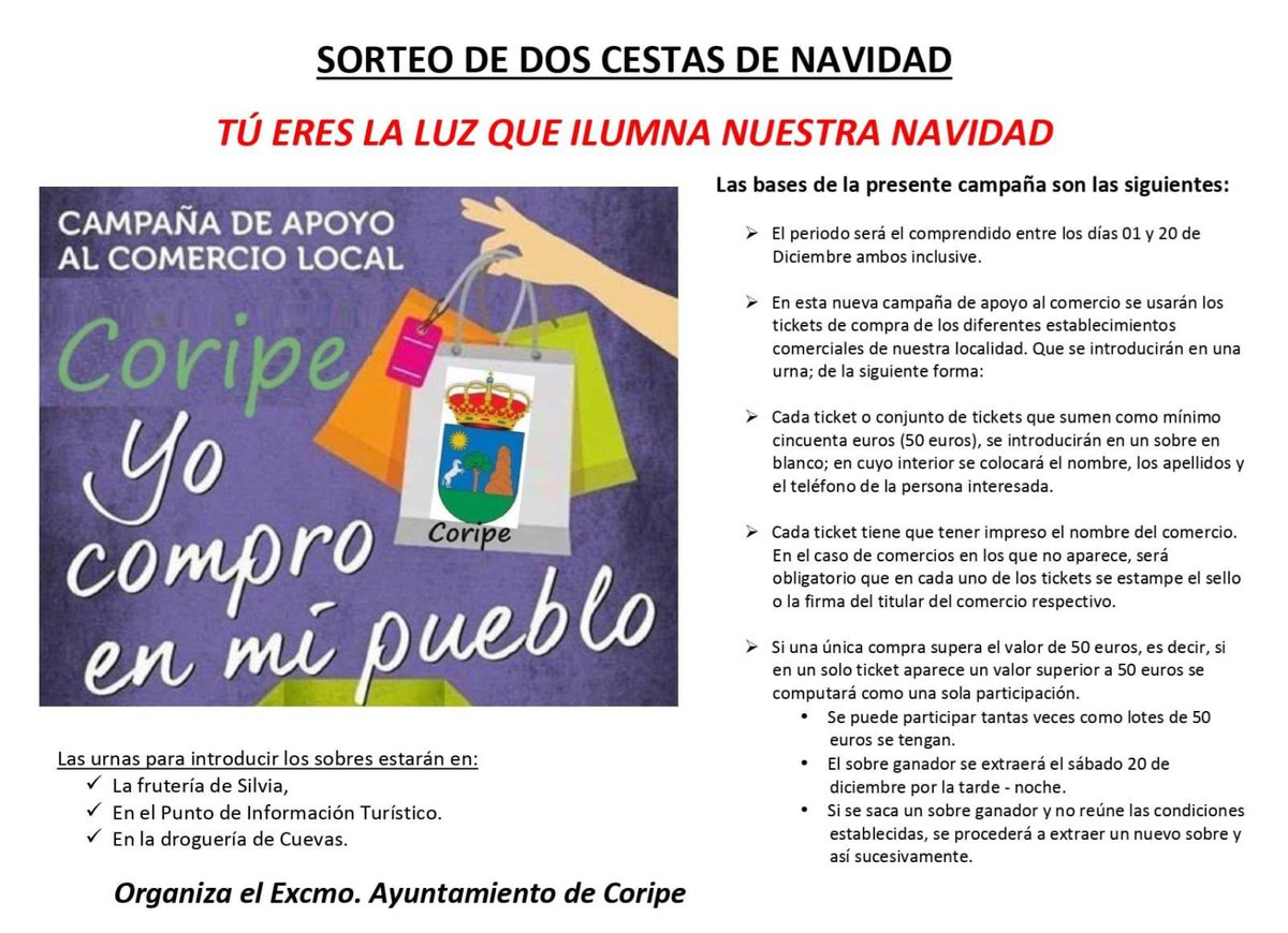 AytoCoripe's tweet photo. Vuelve un año más la campaña de apoyo al comercio local: Yo compro en mi pueblo

Este año bajo el lema: tú eres la Luz que ilumina nuestra Navidad.

#apoyoalcomerciolocal #yocomproenmipueblo #tuereslaluzdenuestranavidad #diciembre2025 #navidad2025 #economialocal #coripe https://t.co/TLUy0iOVHu