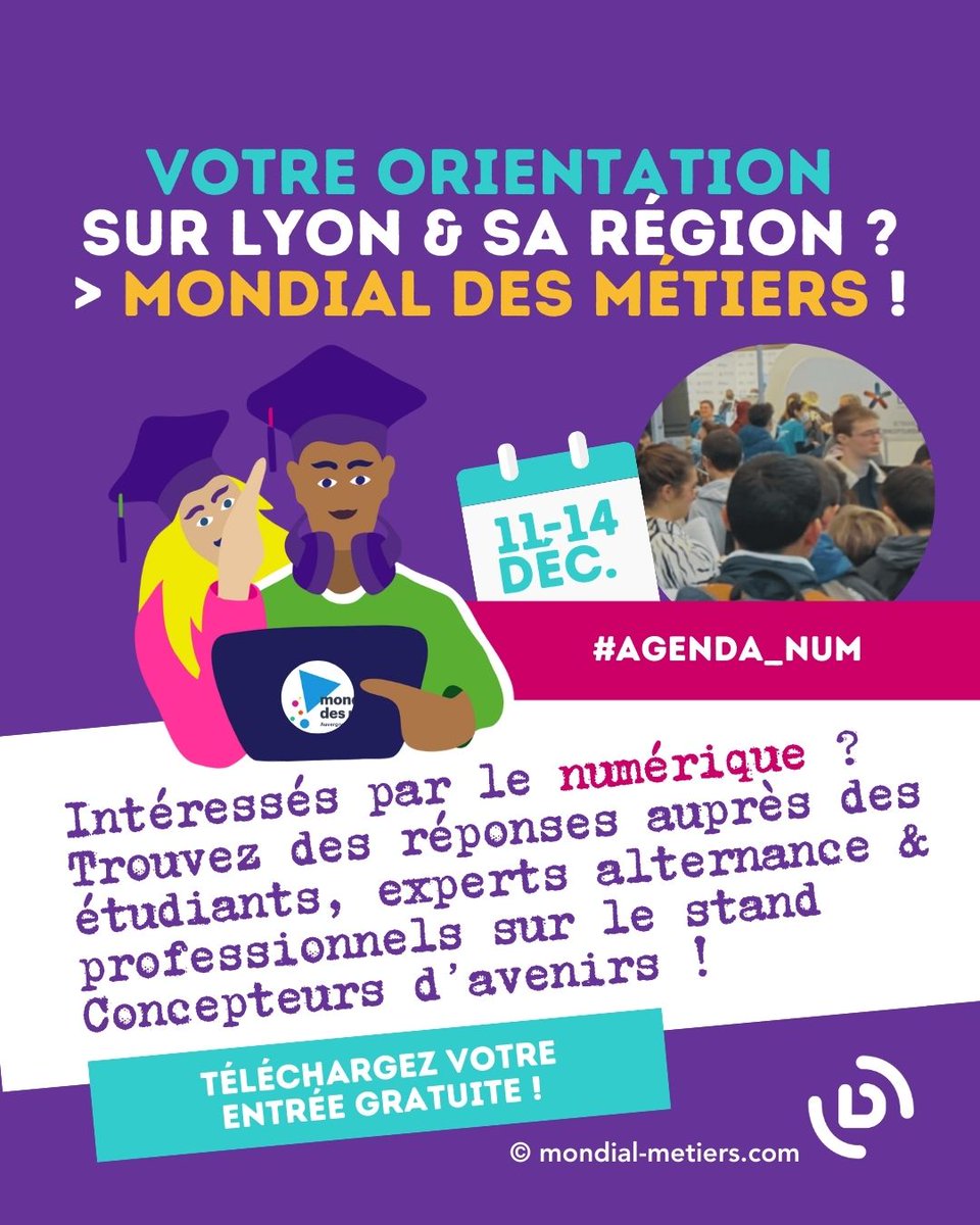 talentsdunum's tweet image. [Événement] #orientation 
En @auvergnerhalpes et intéressés par le #numérique ? 
📆 Du 11-14 déc. RdV à Lyon-Eurexpo sur le Mondial des Métiers, stand A26 (Concepteurs d’Avenirs) pour parler parcours dans la tech ! Cc @OpcoAtlas  

mondial-metiers.com/preparer-ma-vi…