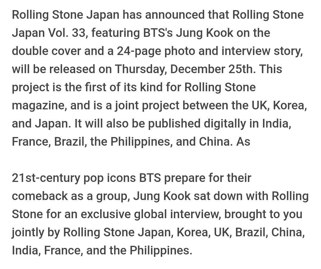 jeonIves's tweet image. „rolling stone japan just announced that Rolling Stone Japan Vol. 33 featuring Bts Jungkook on the double cover and featuring a 24-page photo and interview story will be released on Thursday, December 25th.”