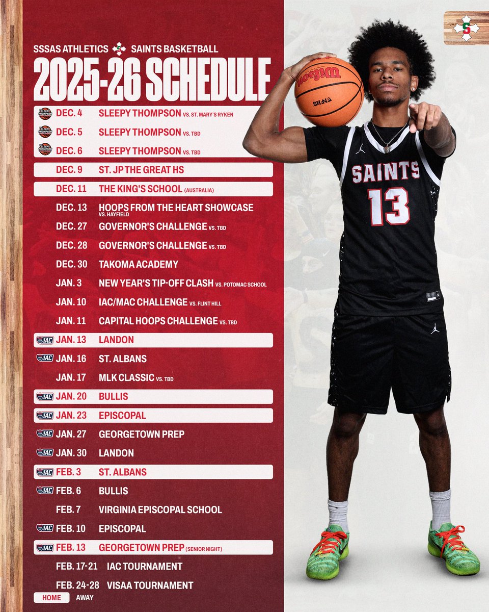 🚨 2025-26 Varsity Boys Basketball 🏀 Schedule Release 🚨

The Saints open up their season this Thursday as we host the 69th Sleepy Thompson Boys Basketball Tournament. The Saints Tip-Off at 7:00pm against St. Mary’s Ryken - theme black out!

#onesaint #basketball