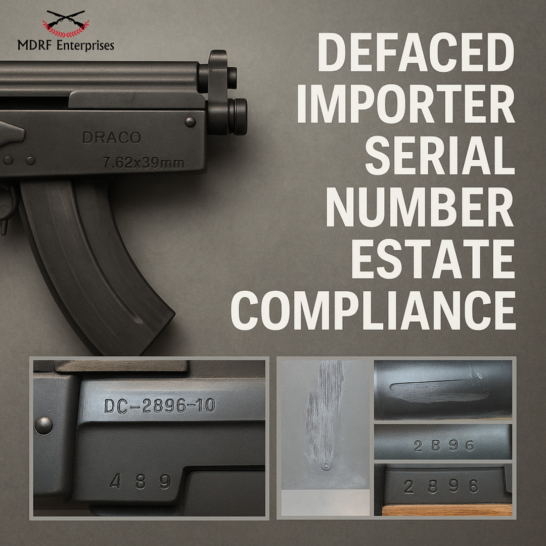 MDRFEnterprises's tweet image. Estate case: Romanian Draco pistol.
Factory serial intact.
Importer serial (CAI) was ground off.
Result: Federal contraband.
Matching numbers don’t equal legal transfer.

🔗 mdrfenterprises.com/post/defaced-i…

#EstateLaw #ProbateIssues #FirearmCompliance #ATF