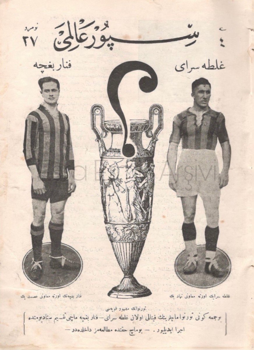 13 Haziran 1923 tarihli Spor Alemi dergisi kapağı. 
“Bu cuma günü turnuva maçlarının finali olan Galatasaray-Fenerbahçe maçı Taksim Stadyumunda icra ediliyor.” Solda Fenerbahçeli İsmet Bey, sağda Galatasaraylı Nihat Bey.