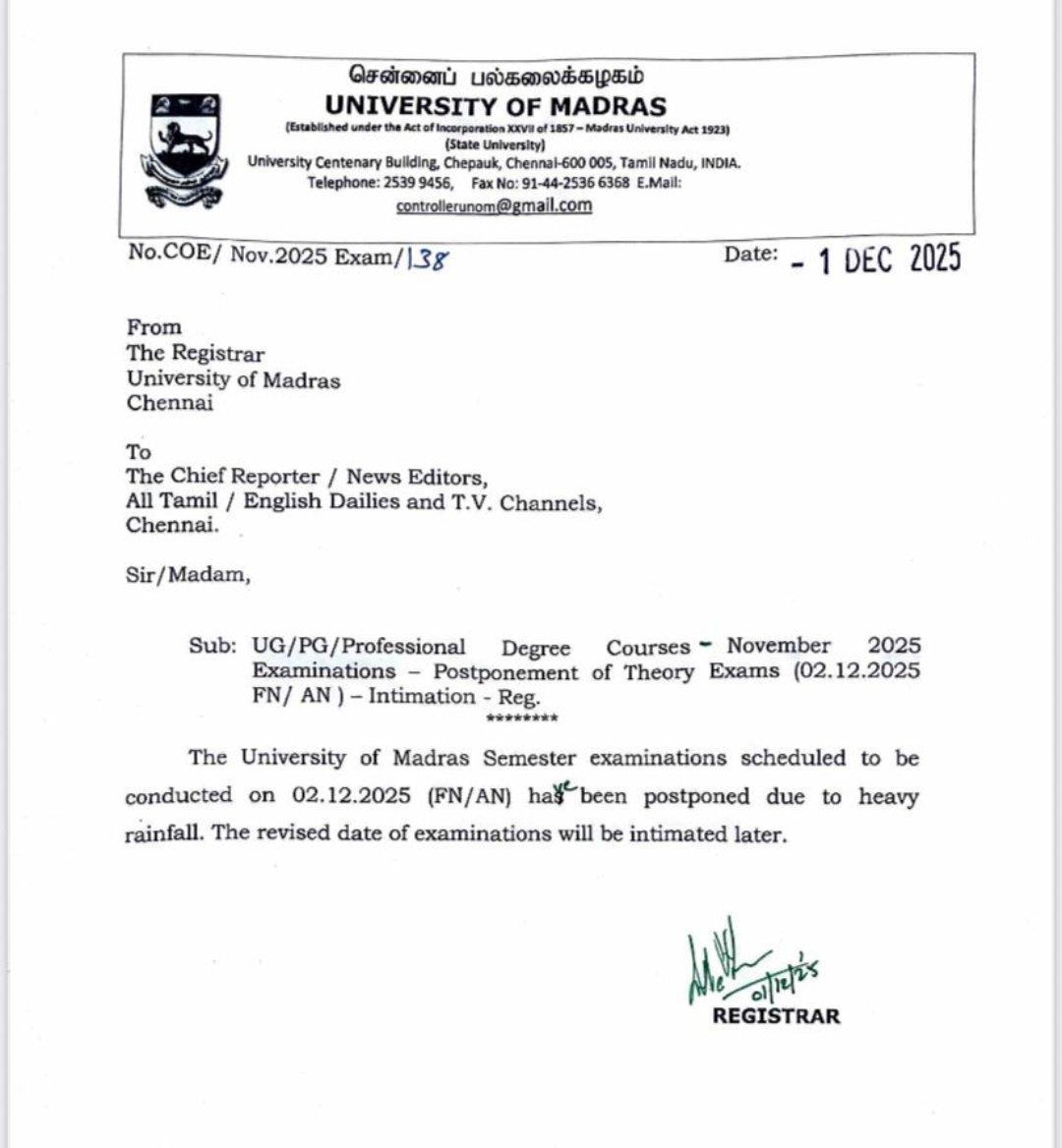 GeethanReporter's tweet image. Madras university semester exams postponed