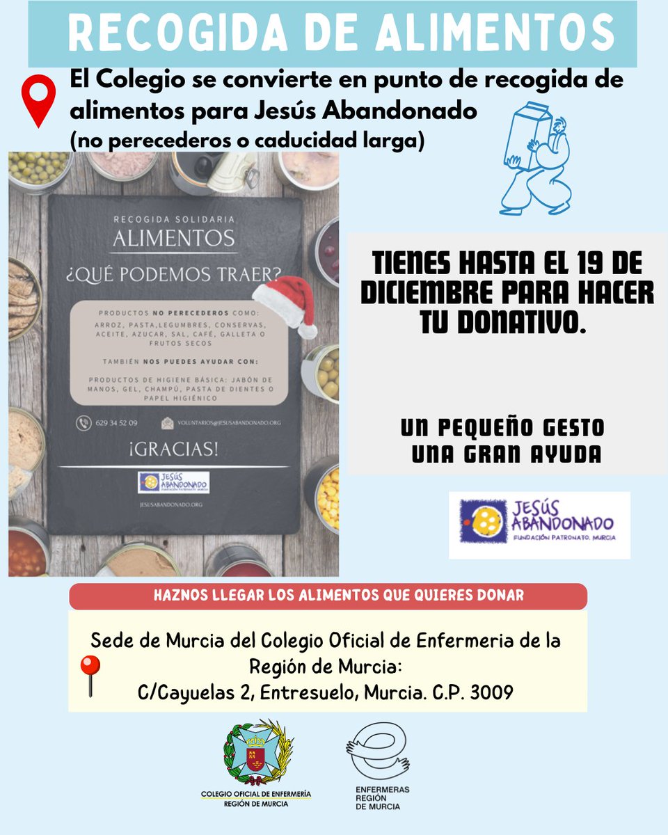📢Nuestra sede de Murcia➡️ punto de recogida de alimentos para Jesús Abandonado
📆Hasta el 19 de diciembre para hacer tu donativo (alimentos no perecederos o de caducidad larga)
📍C/Cayuelas, 2, Entresuelo, Murcia
🔗Info: enfermeriademurcia.org/el-colegio-se-…

<a href="/FJAbandonado/">Jesús Abandonado</a>
