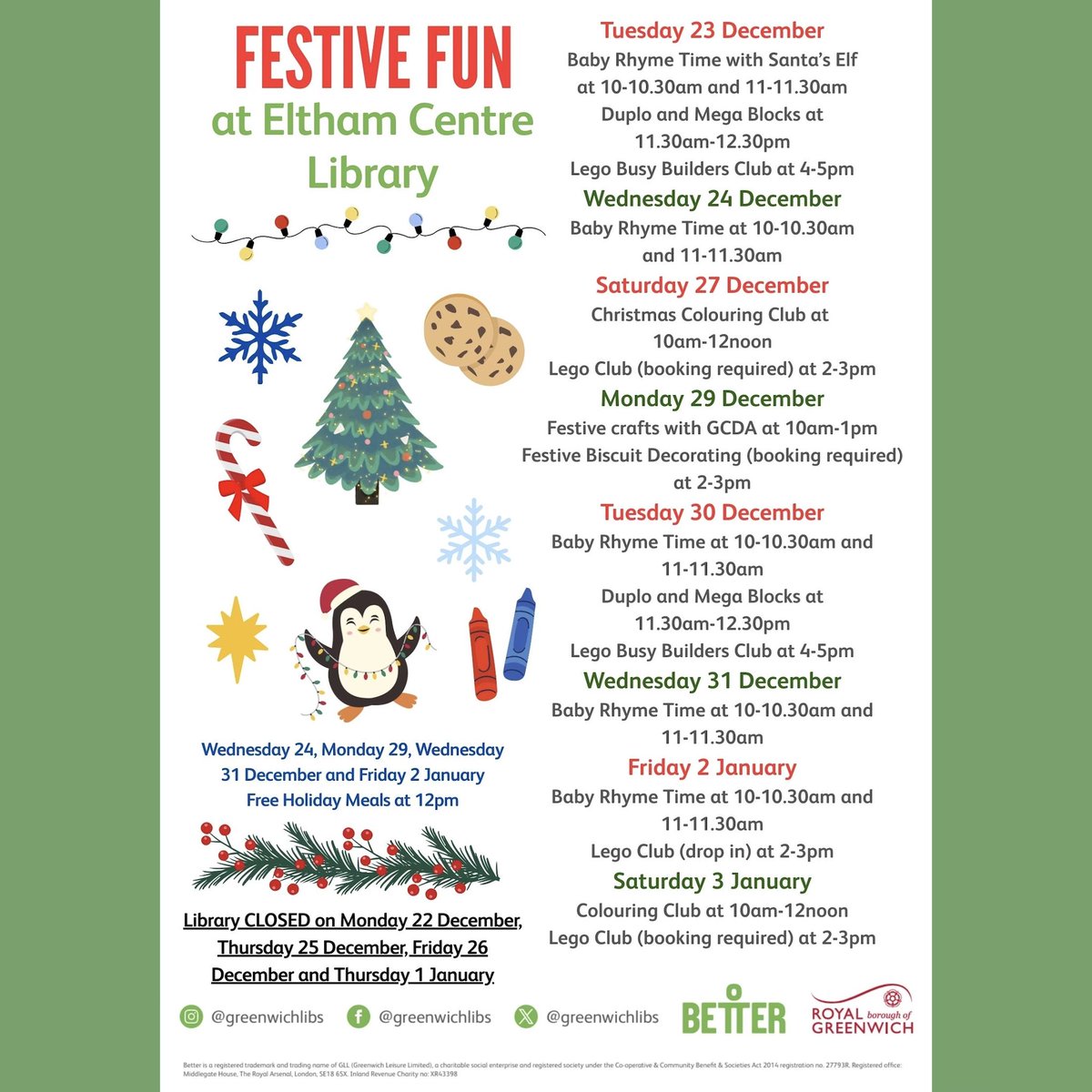 ElthamLibrary's tweet image. Christmas is coming to #ElthamLibrary! Join us during the school holidays for lots of fun and free activities, including festive biscuit decorating, colouring, Lego building, crafts and more! 🎄📚 #LoveYourLibrary
