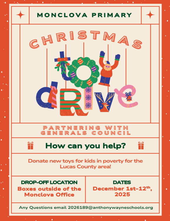 awlsmo's tweet image. Monclova is partnering with a high school group to collect NEW toys for Lucas County children.  The drive kicks off today and runs through December 12.