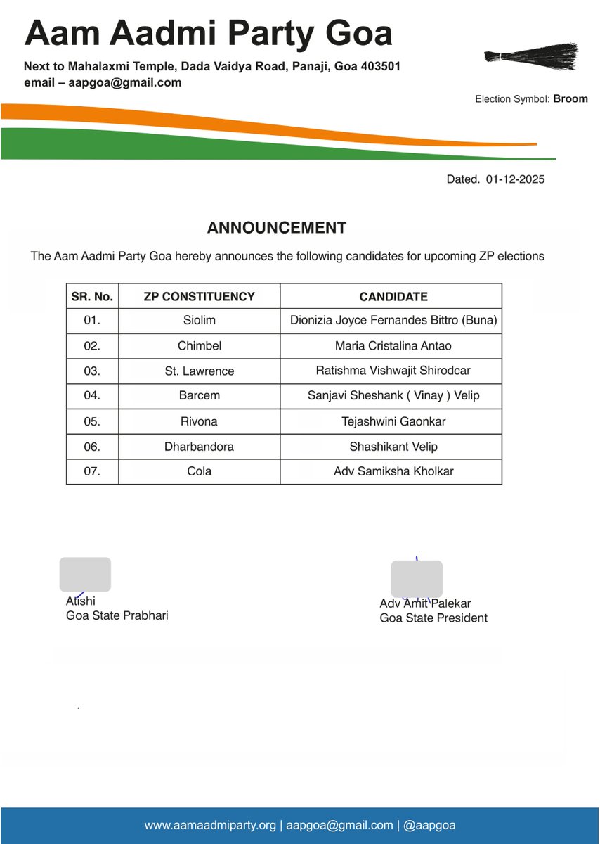 AAPGoa's tweet image. 📢BIG ANNOUNCEMENT📢

Aam Aadmi Party Goa is pleased to announce the third list of candidates for upcoming ZP elections in the state.

Best wishes to all the candidates!