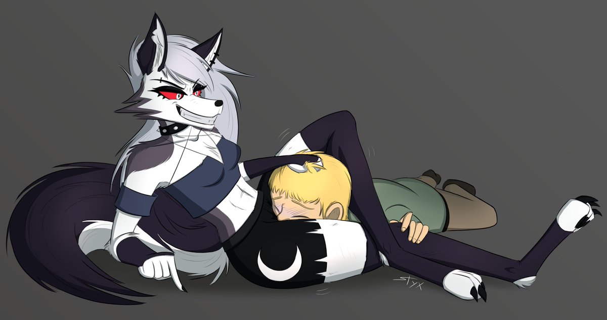Commission for an anonymous client.

I don't THINK there was a hit out on this guy, Loona just couldn't resist trapping and tormenting him for a little while...a long while...

Okay she's just gonna take him back to Hell with her.
#furry #HelluvaBoss #Commission