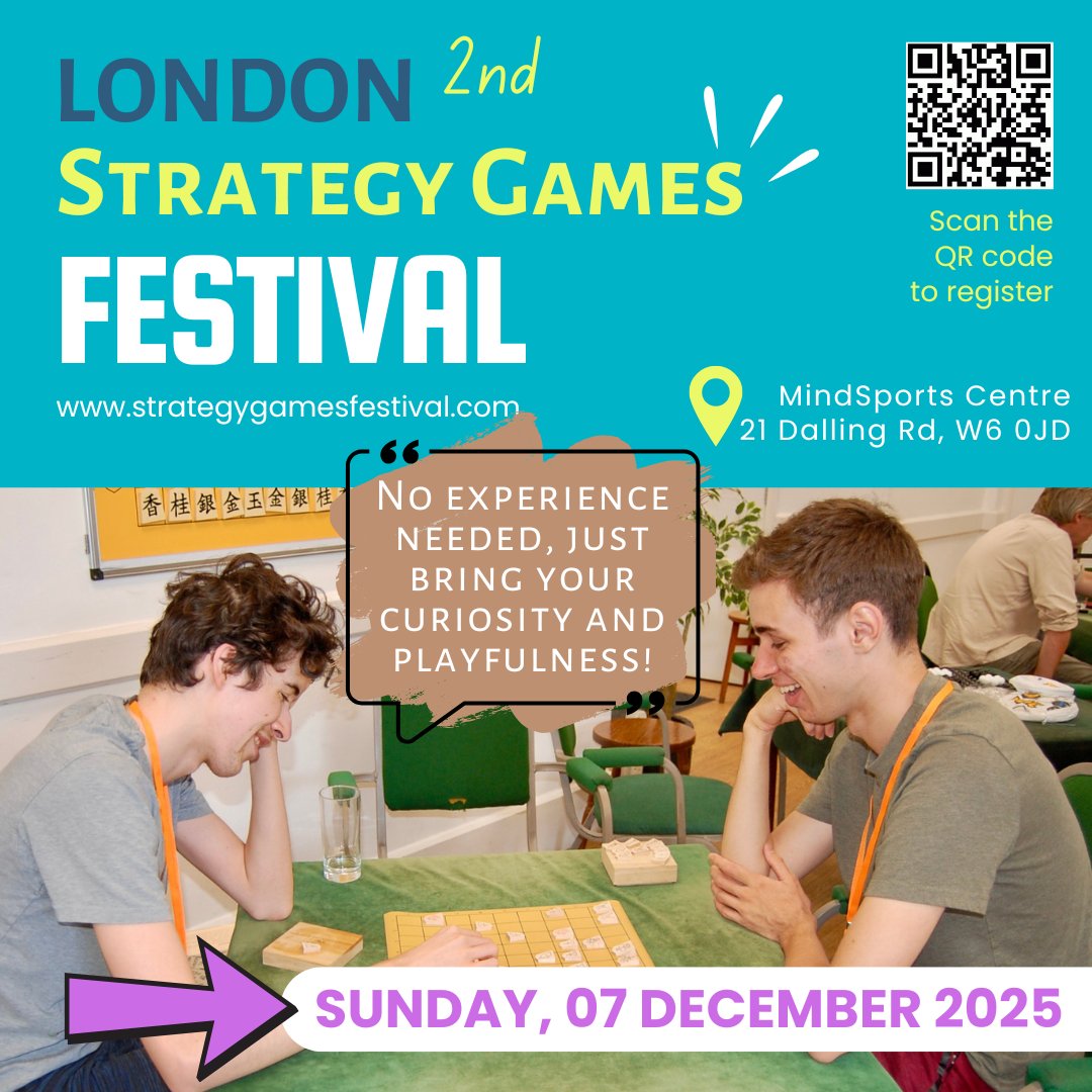 ChessPlus's tweet image. LEARN, PLAY, DESIGN
2nd London Strategy Games Festival
Come and join us this ⏰ Sunday, 07 December 2025, at the London Mindsports Centre
👉 More info and Registration:
tickettailor.com/events/chesspl…