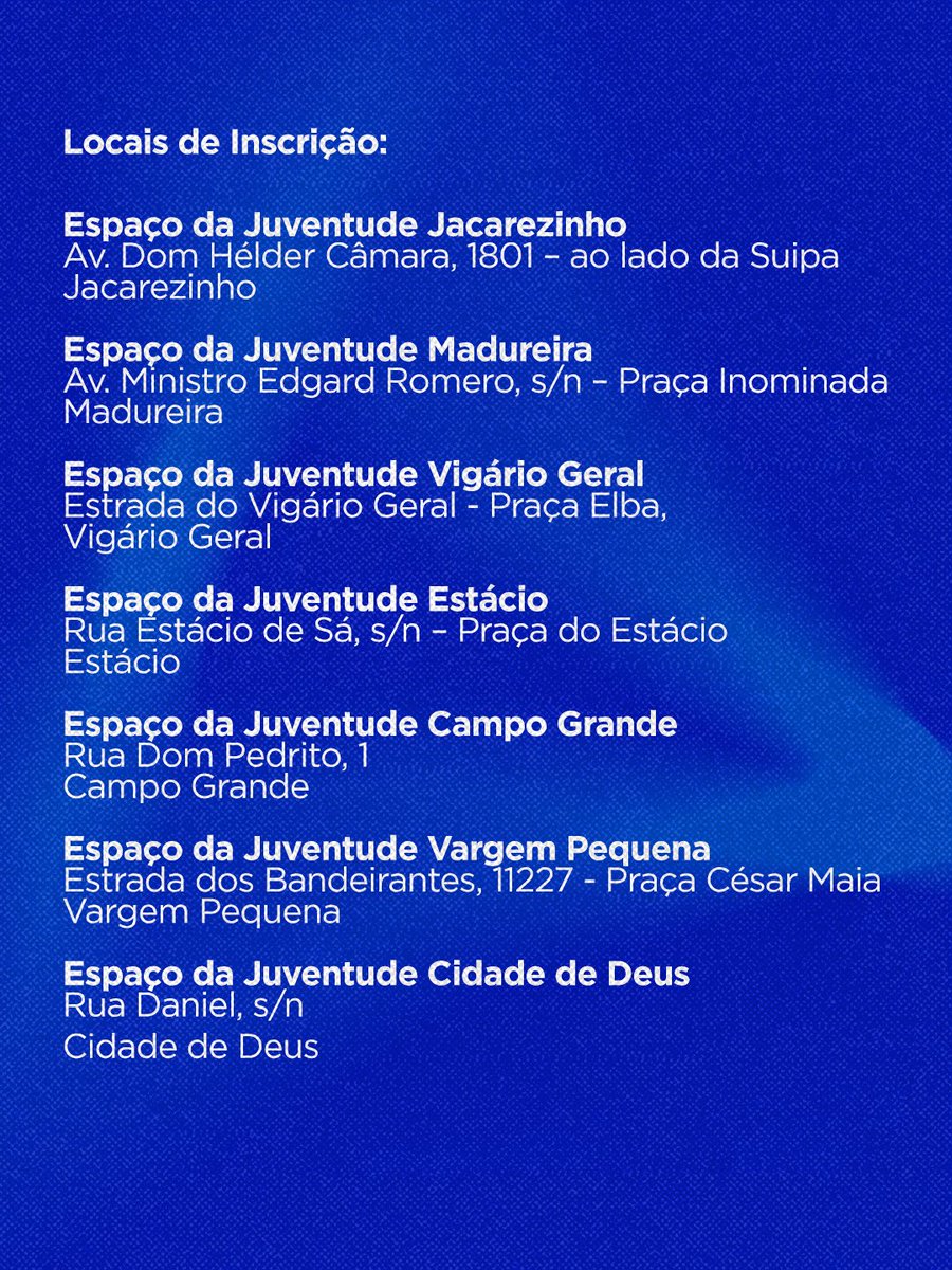 ⏳ Última chamada!

As inscrições pros cursos dos Espaços da Juventude estão quase acabando — garanta sua vaga agora!

Link na bio. 🚀