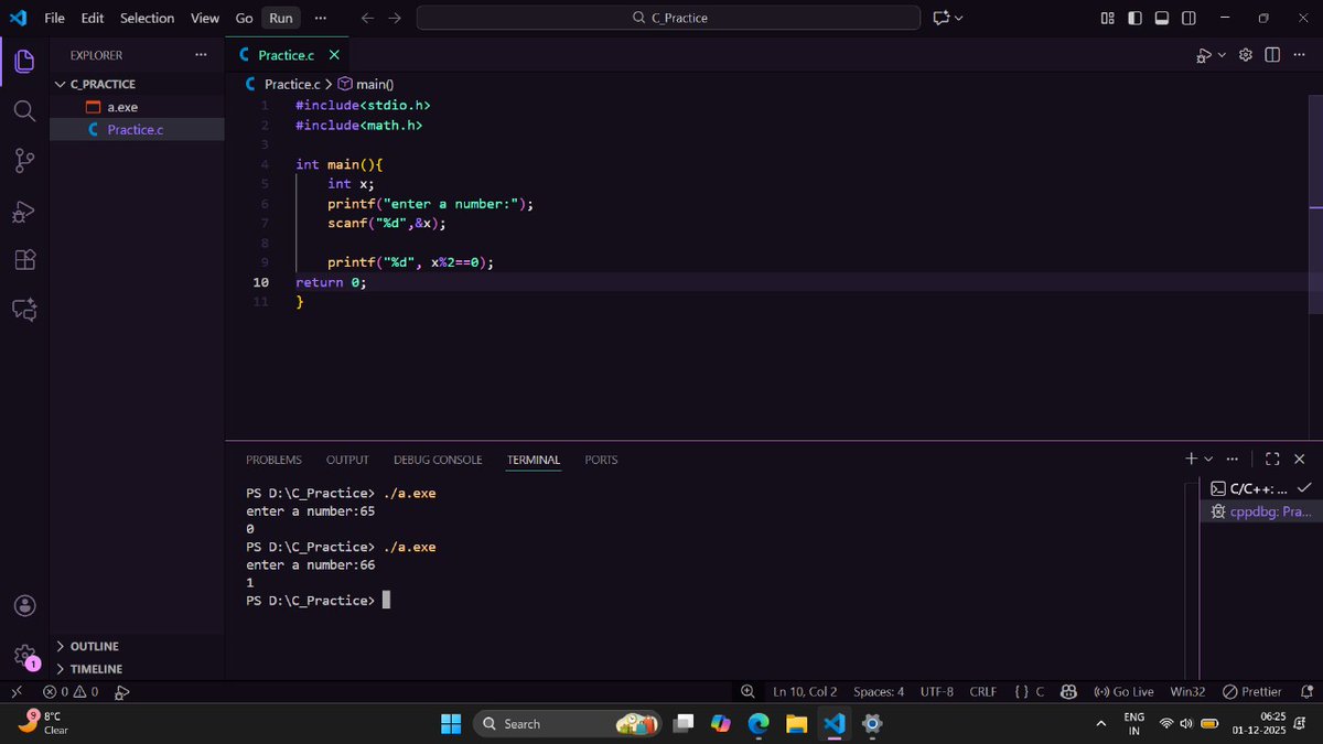 arpitpanwarx's tweet image. Day-1/100 of my Coding Journey 🚀

✔ Completed Operators in C  
✔ Fixed VS Code issues  
✔ Wrote my first warm-up program  
✔ Started 5AM discipline

Small start. But I’m here for the long run.  
#100DaysOfCode #cprogramming