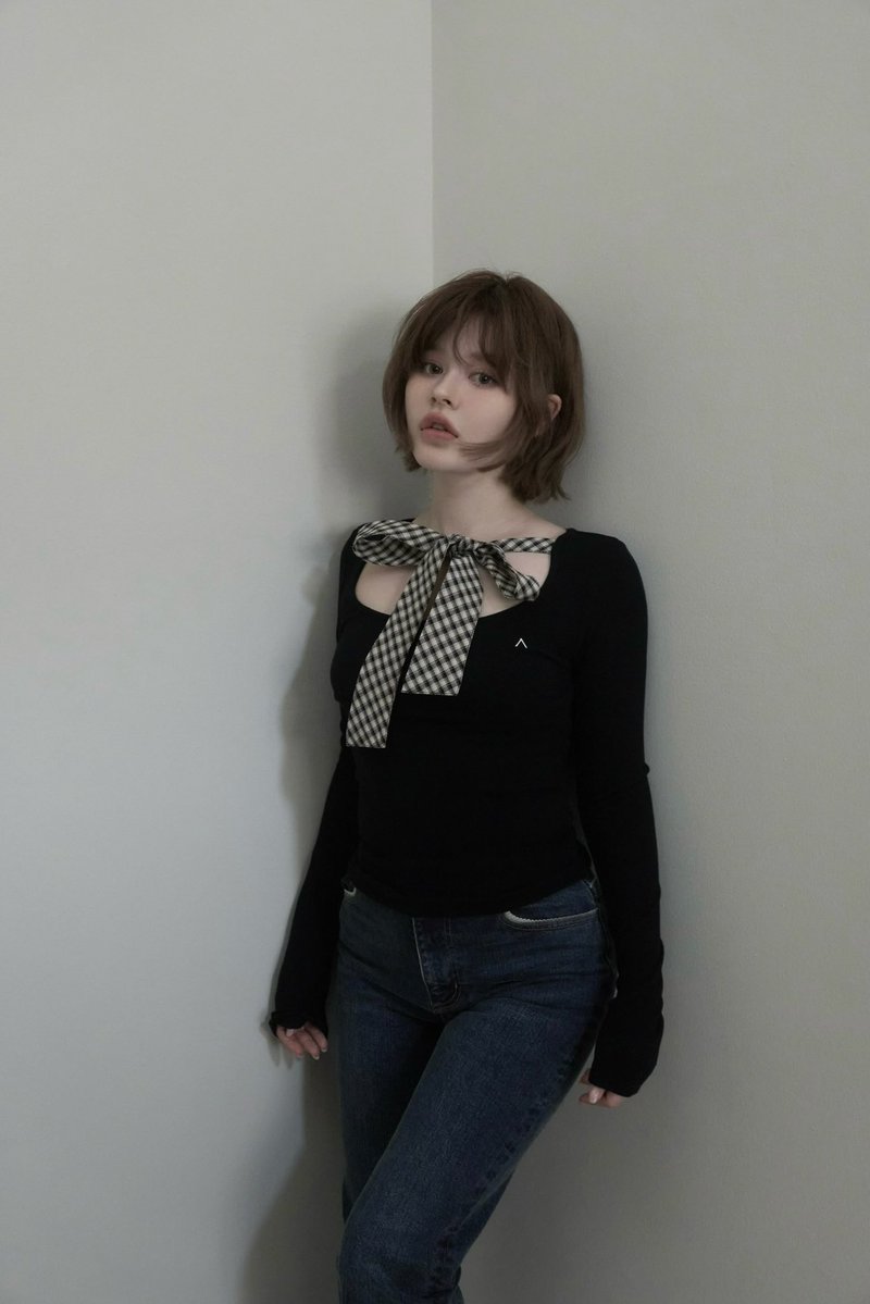 andmary Ami ribbon check tops black ANDMARY】Ribbon silk knit tops