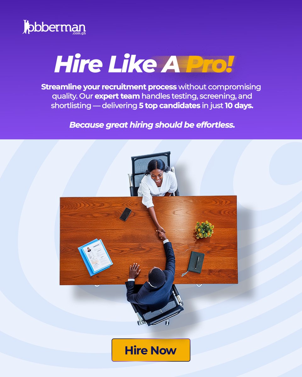 JobbermanGhana's tweet image. Hire niche talent faster.
Technical, creative, or managerial roles — we source them all.
Local expertise. Global reach.
5 vetted candidates in 10 days.

Hire Now: brnw.ch/21wXYmo

#Prorecruit #jobbermanghana #recruitment #hiring #recruitmentservices