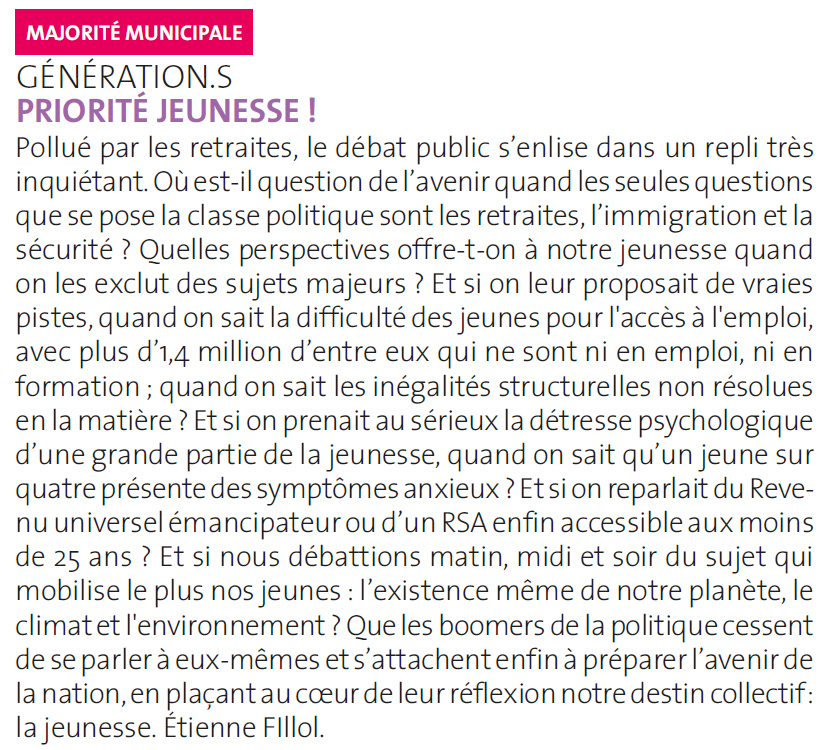 GenerationsAVMA's tweet image. ⭕ « Priorité jeunesse ! » 
La tribune du groupe @GenerationsMvt dans le bulletin municipal d'#Alfortville - décembre 2025.
Que les boomers de la politique s’attachent enfin à préparer l’avenir de la nation, en plaçant au cœur de leur réflexion : la jeunesse !
⬇️

@etienne_fillol
