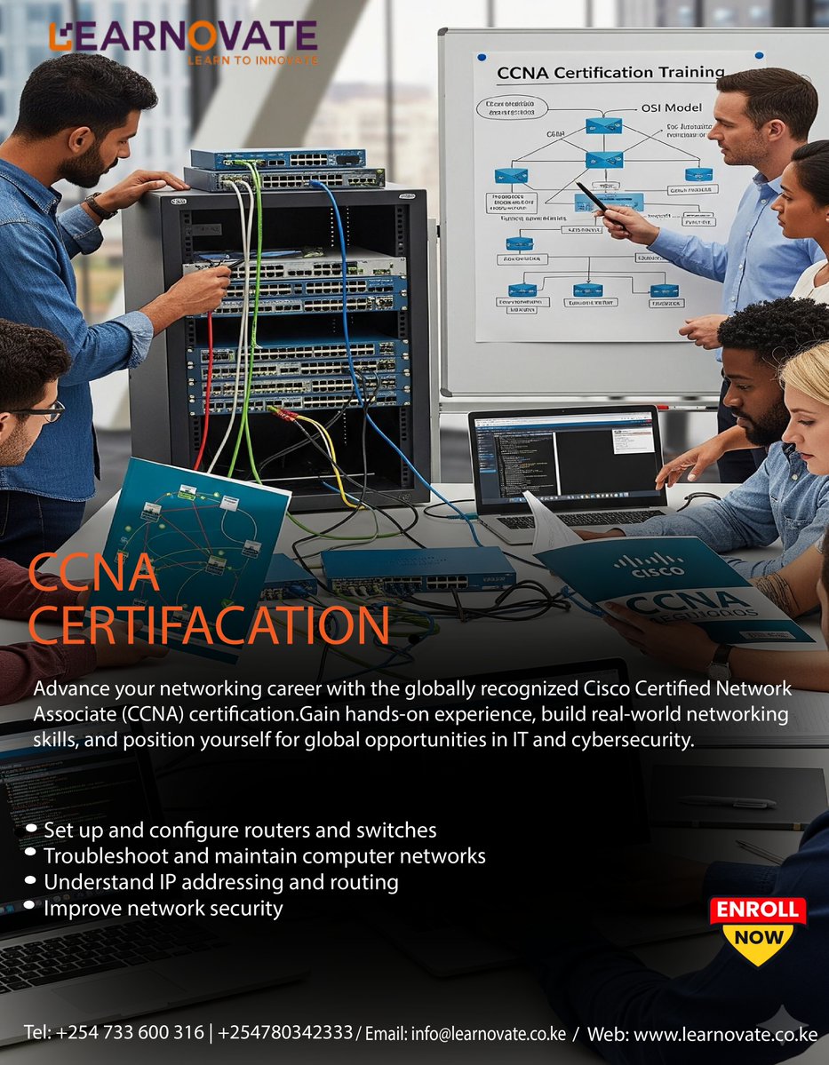 LearnovateTech's tweet image. Struggling to land high-paying IT jobs?
CCNA is your gateway to top networking roles.
Gain hands-on skills in installation, configuration &amp;amp; troubleshooting—and get ready for global opportunities.
📞 0721130397 / 0780342333