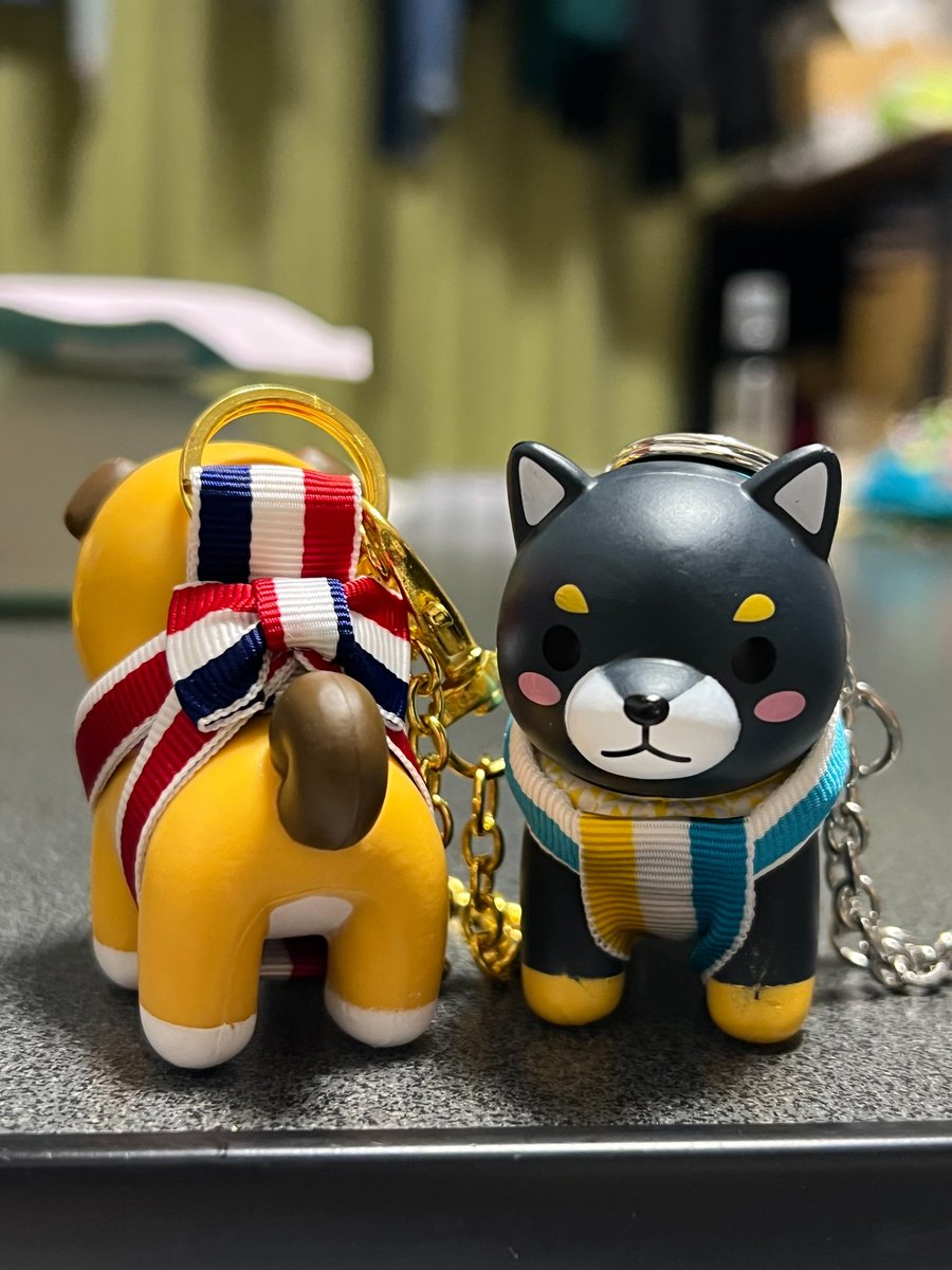 娘のガチャポン戦利品のワンコ。キーホルダーにしたいと言うので、ハーネス着けてみた(笑)